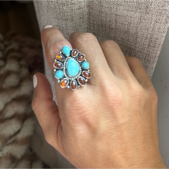 925 and genuine turquoise and amber stone adjustable cluster ring - Picture 6 of 13